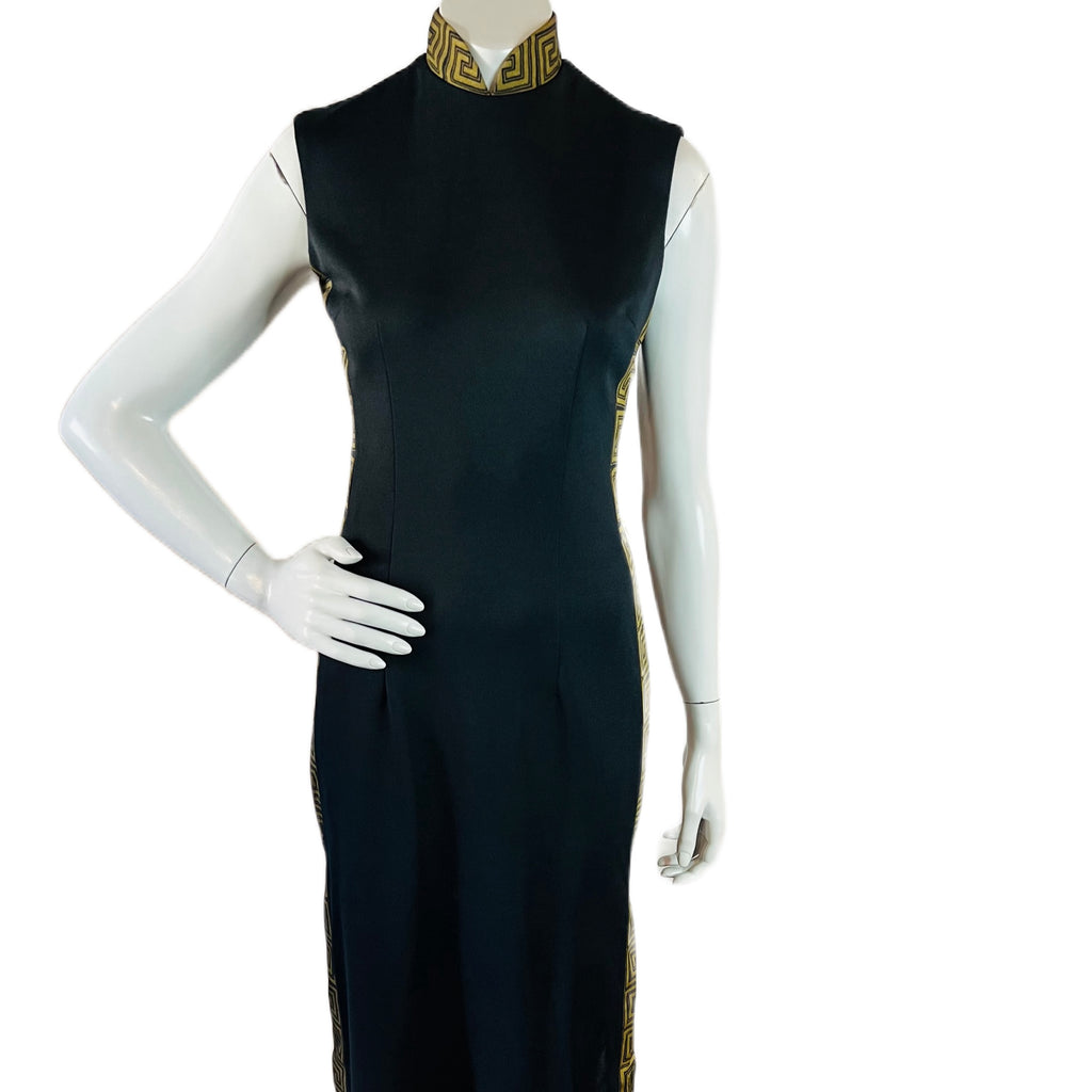 Shaheen Black & Gold 70s Hostess Gown Maxi Dress — vintage 1970s Alfred Shaheen California Hawaii dress in black, gold