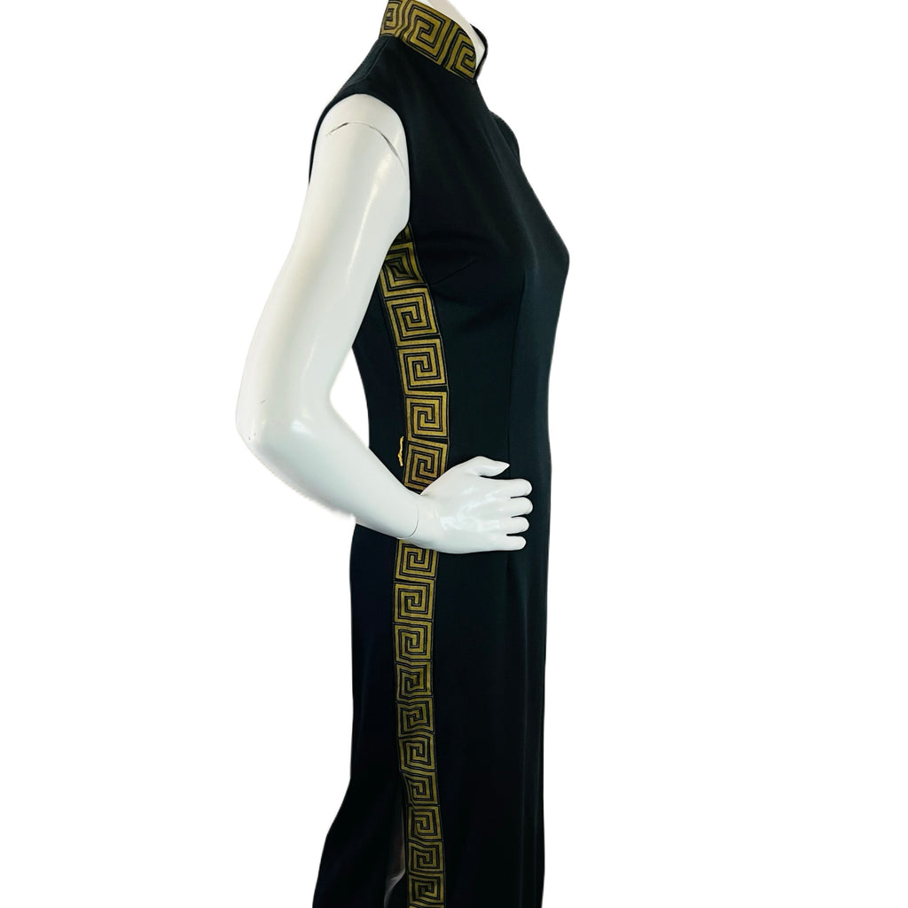 Shaheen Black & Gold 70s Hostess Gown Maxi Dress — vintage 1970s Alfred Shaheen California Hawaii dress in black, gold