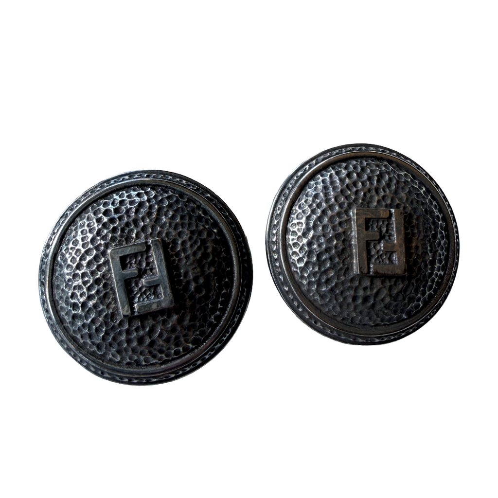 Round gunmetal silver FF Fendi logo vintage clip on earrings.