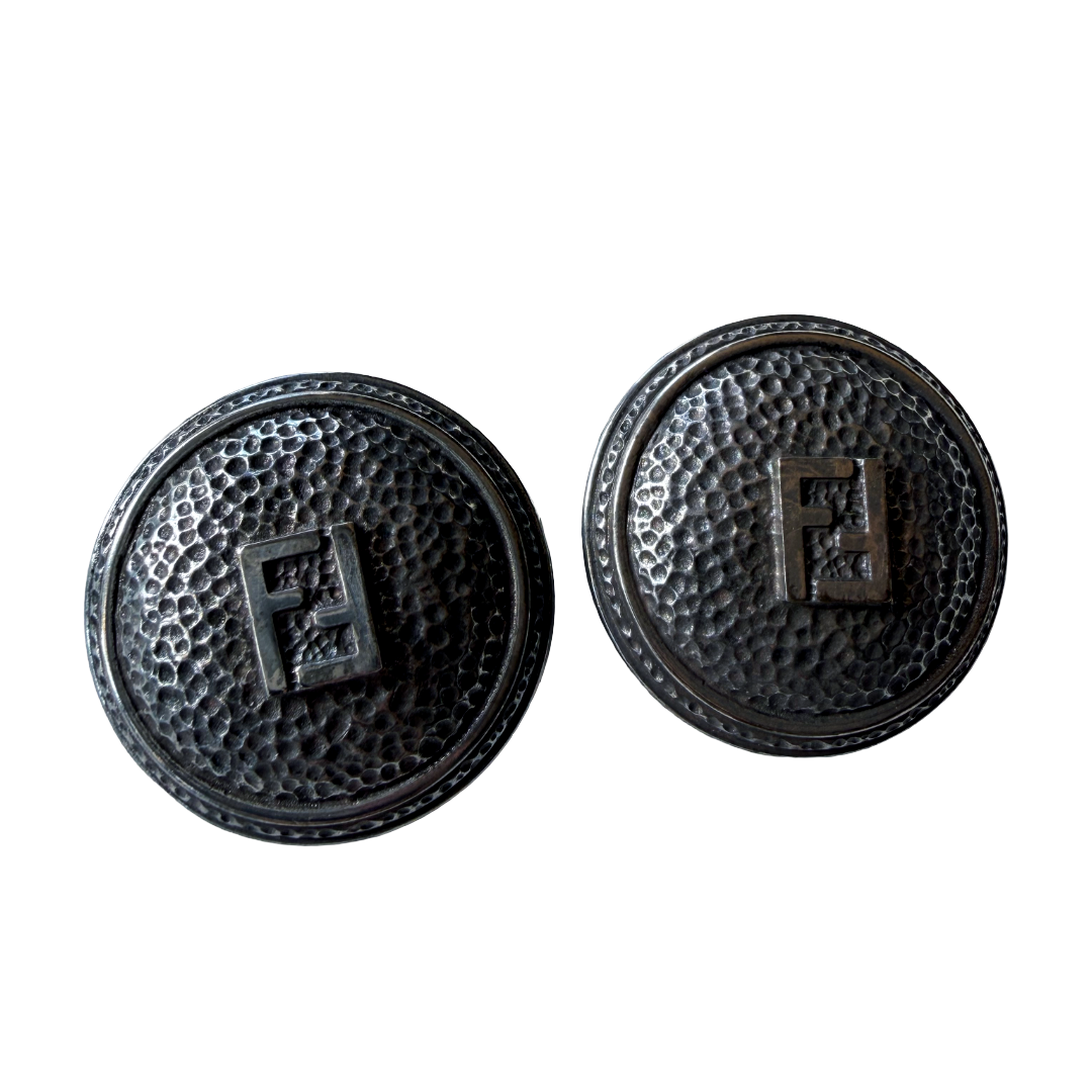 Round gunmetal silver FF Fendi logo vintage clip on earrings.
