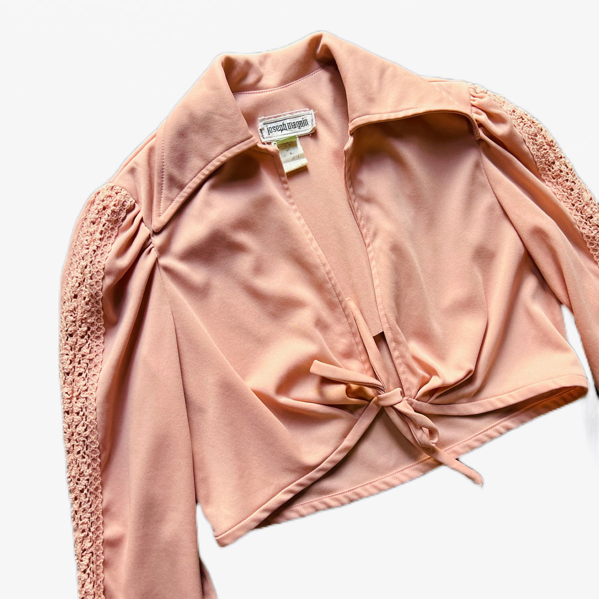 Joseph Magnin 1970s Crop Top with Crochet Sleeve Detailing — vintage 1970s Joseph Magnin top in pink