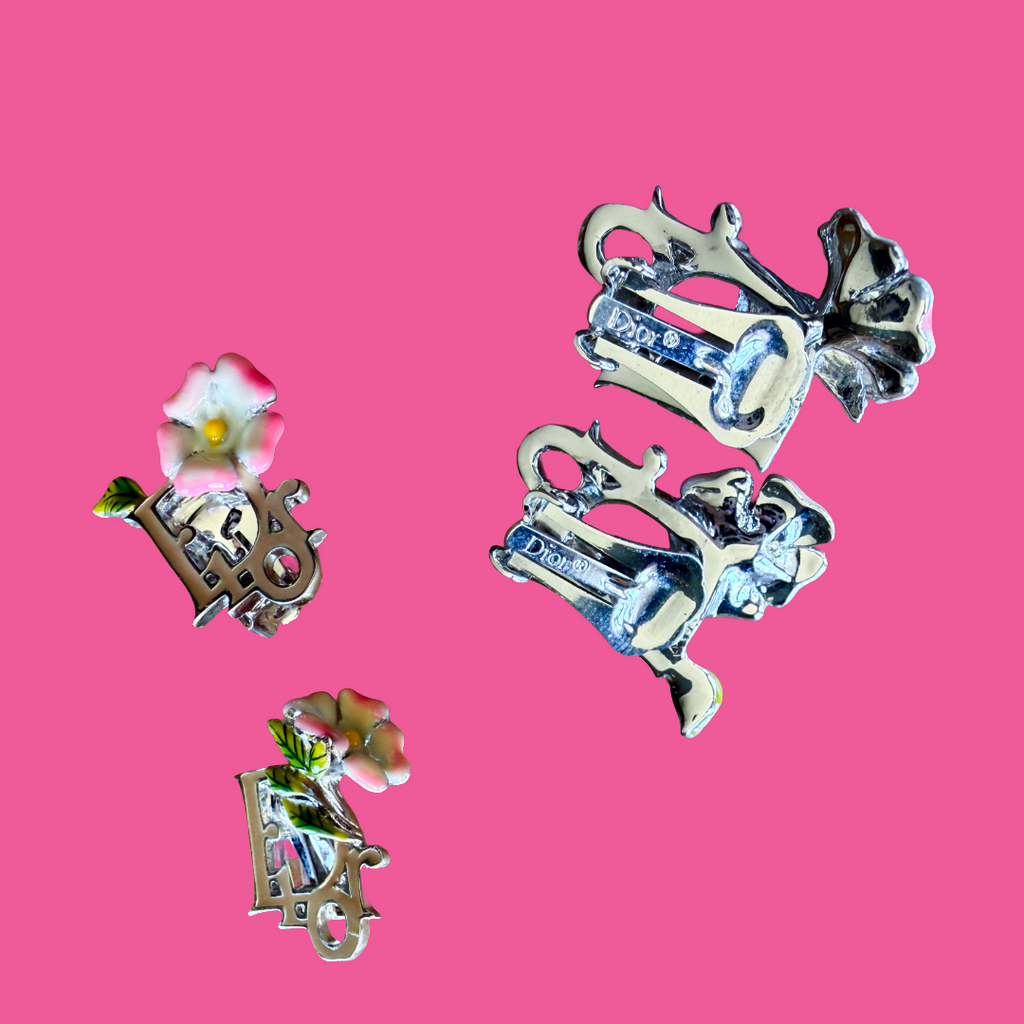 Christian Dior by Galliano Silver Enamel Flower Clip On Earrings — vintage 2000s Christian Dior jewellery in silver