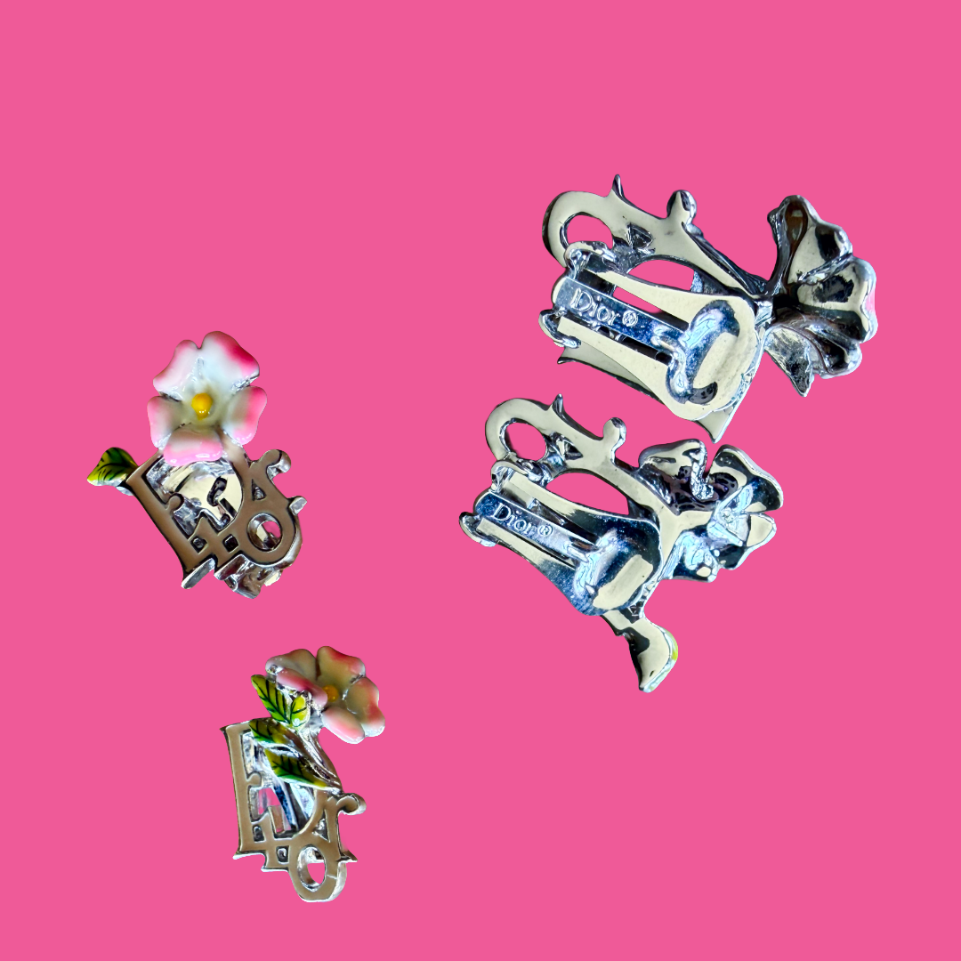 Christian Dior by Galliano Silver Enamel Flower Clip On Earrings
