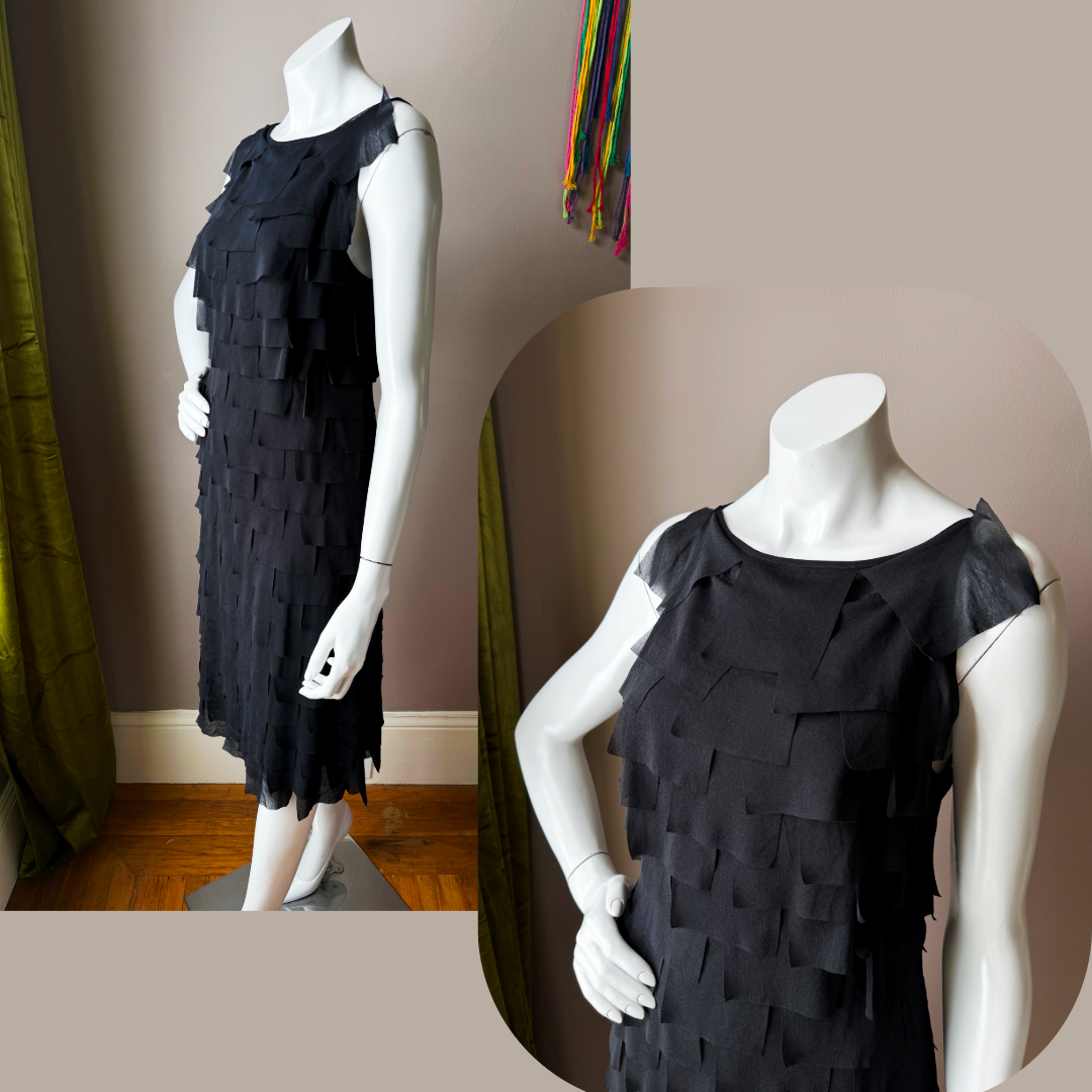 A 1990s black sleeveless dress with layered, cascading ruffle panels by Vivienne Tam
