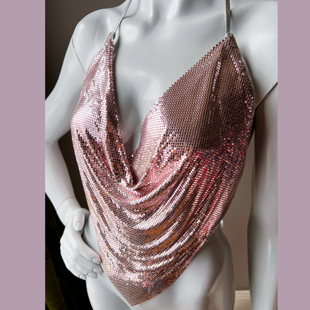 Ferrara Mesh Blush Pink w Silver Leather Halter Top — vintage Ferrara top in pink, silver