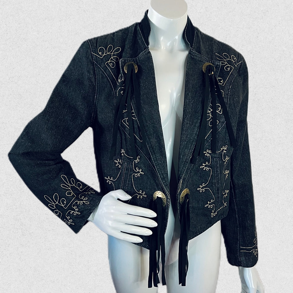 Kenzo Black Denim Fringe Jacket with Gold Embroidery — vintage Kenzo jacket in black, gold, blue