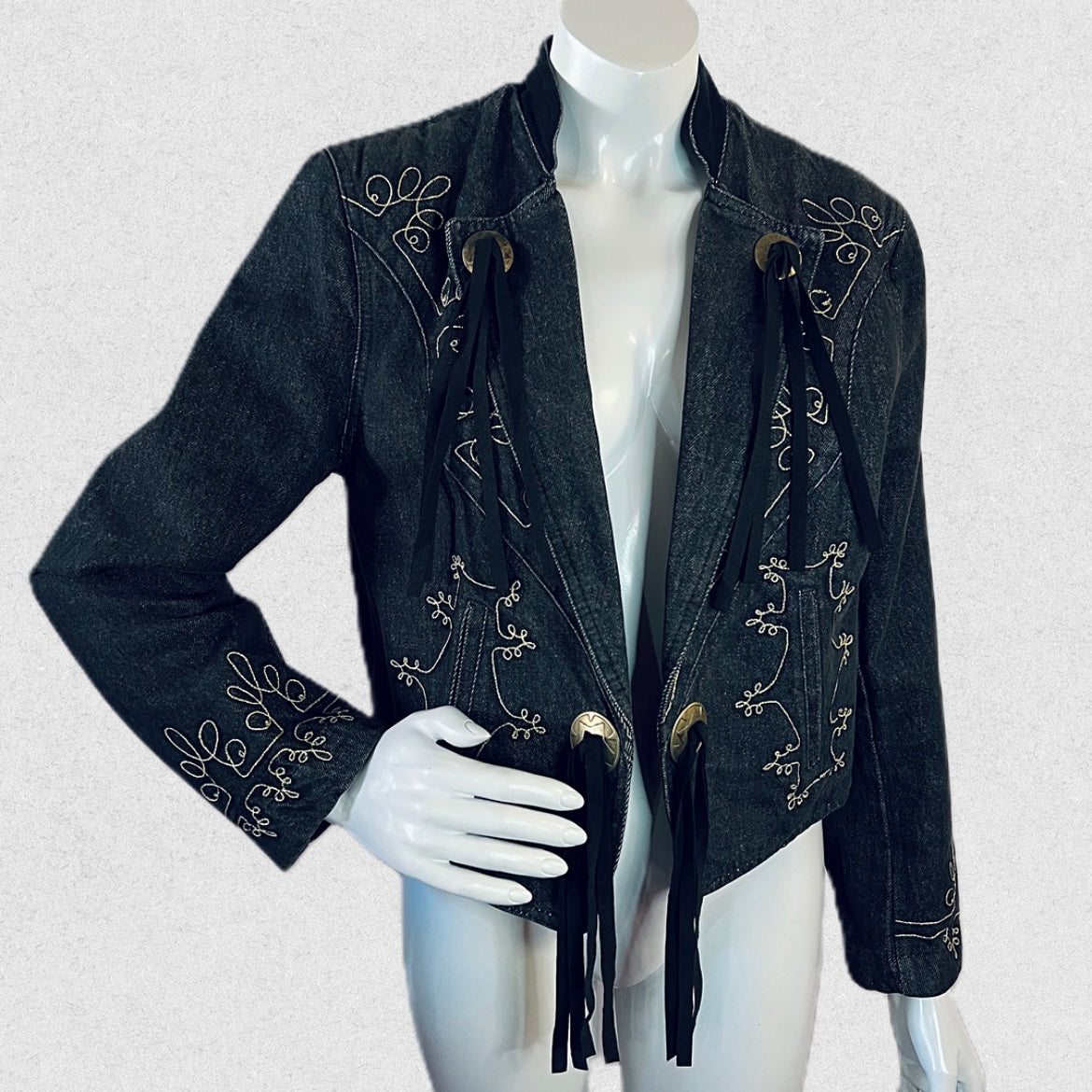 Kenzo Black Denim Fringe Jacket with Gold Embroidery — vintage Kenzo jacket in black, gold, blue