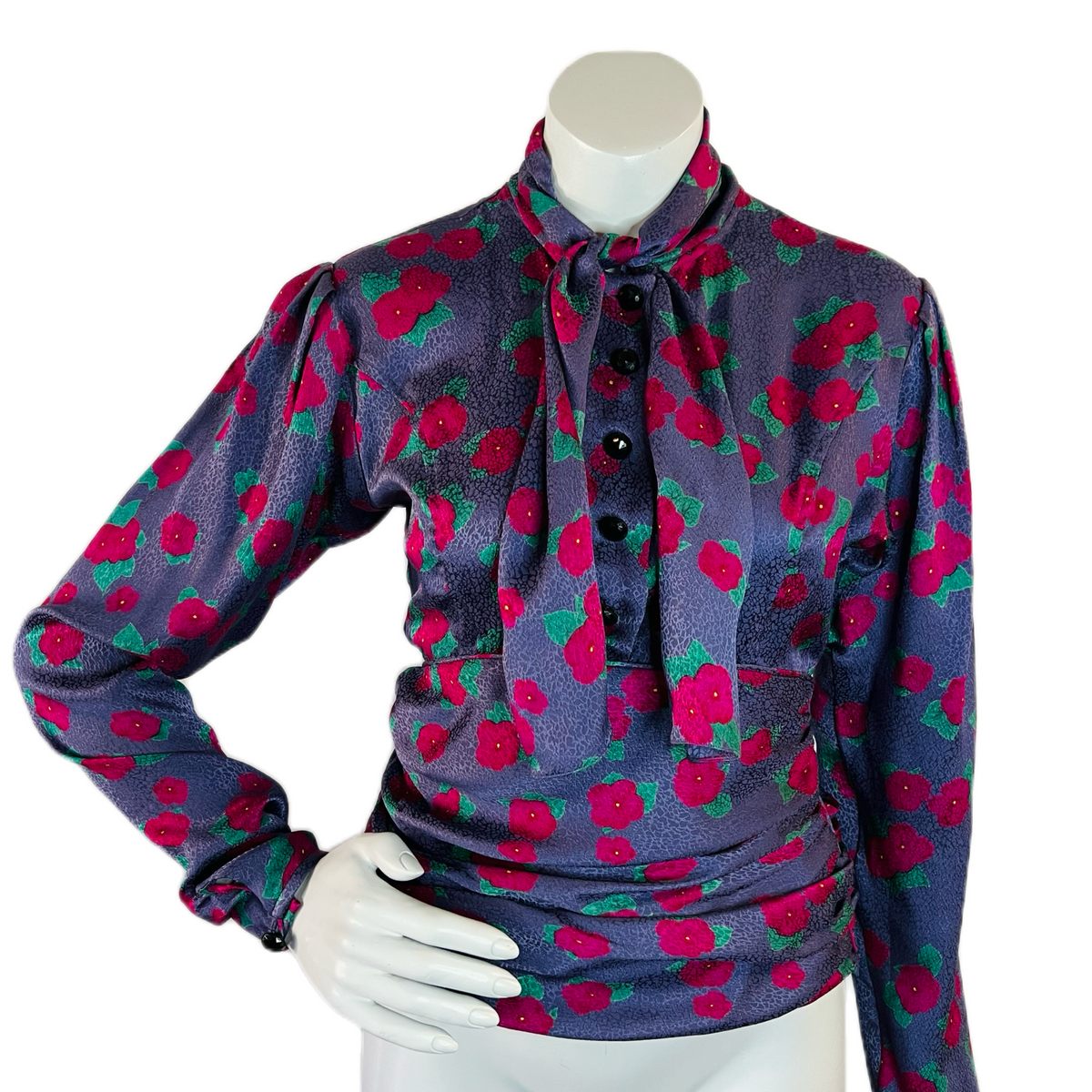 Ungaro Pussy Bow Floral Purple Silk Blouse — vintage Ungaro top in purple