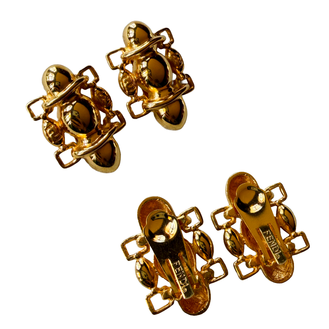 Fendi Gold Plated Stacked FF Clip Earrings — vintage Fendi jewellery in gold