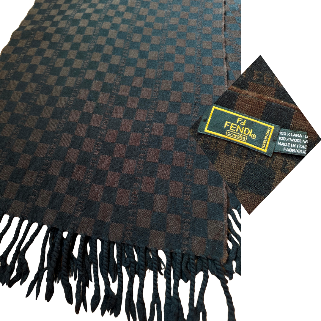 Fendi Checkered Black & Brown Wool Fringe Scarf — vintage Fendi scarf in black, brown