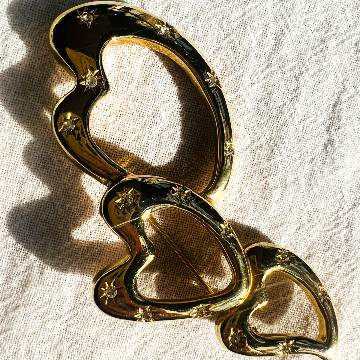Courrèges Triple Heart Crystal Gold Brooch — vintage Courrèges jewellery in gold
