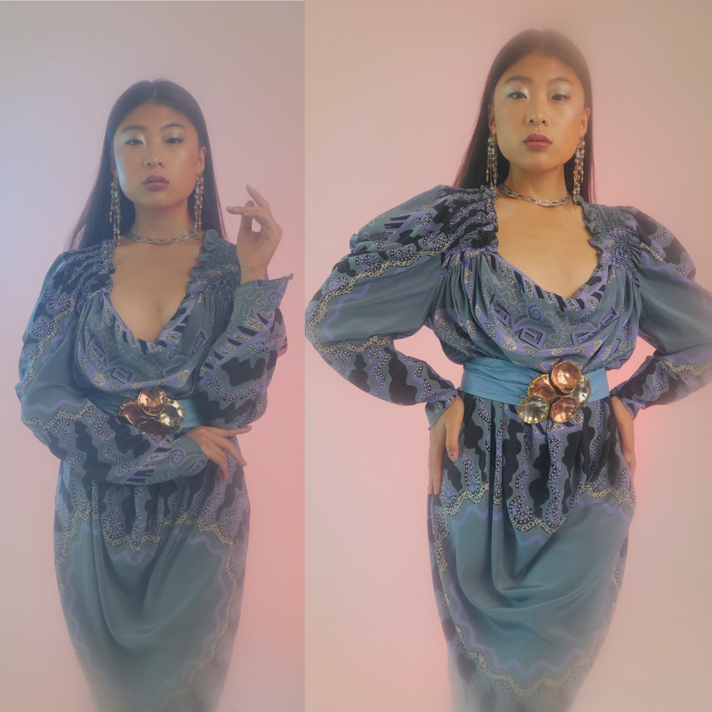 Zandra Rhodes London Blue Silk Dress — vintage Zandra Rhodes dress in blue