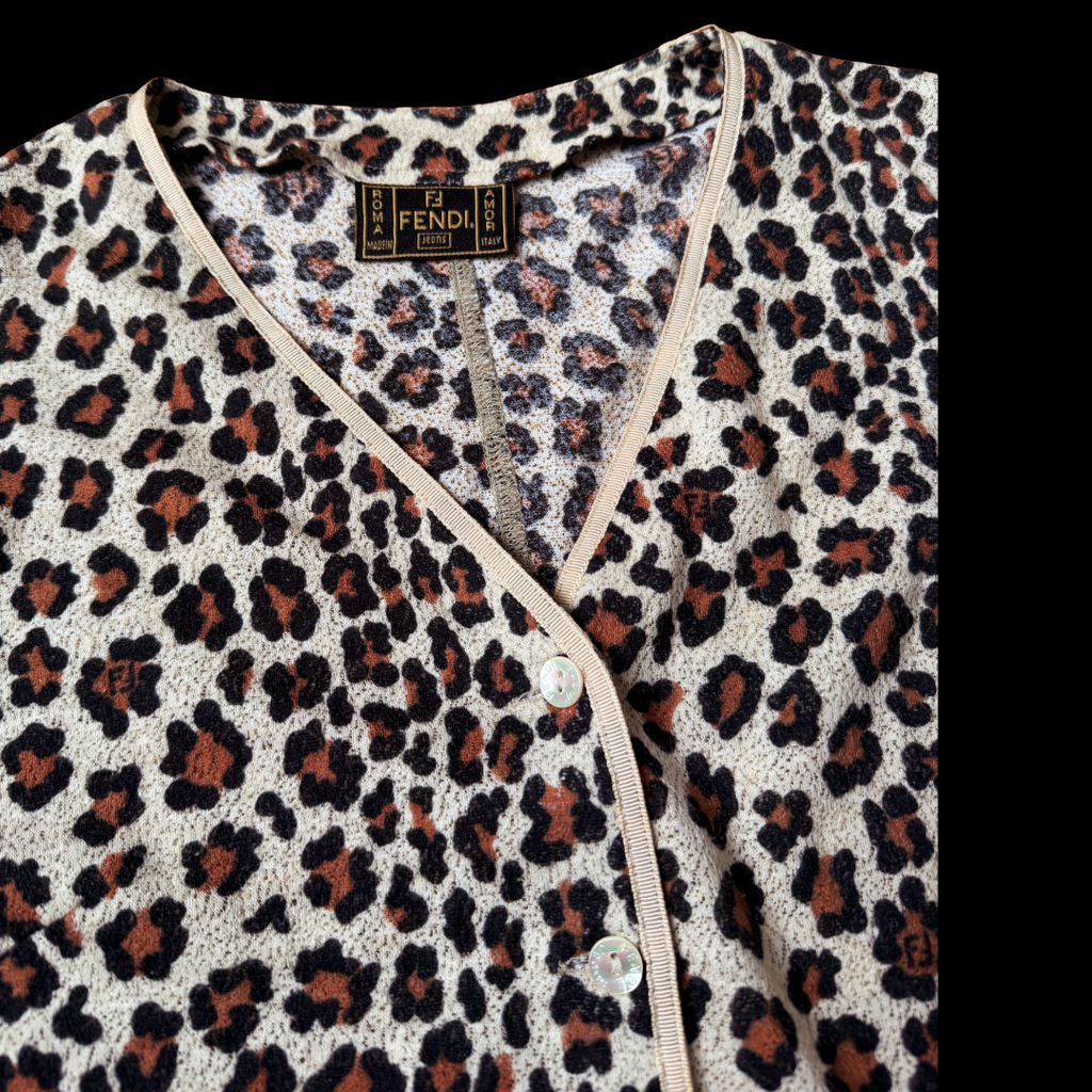 90s Fendi Jeans Leopard FF Cardigan — vintage 1990s Fendi knit in brown