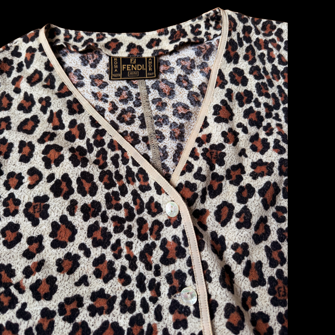 90s Fendi Jeans Leopard FF Cardigan — vintage 1990s Fendi knit in brown