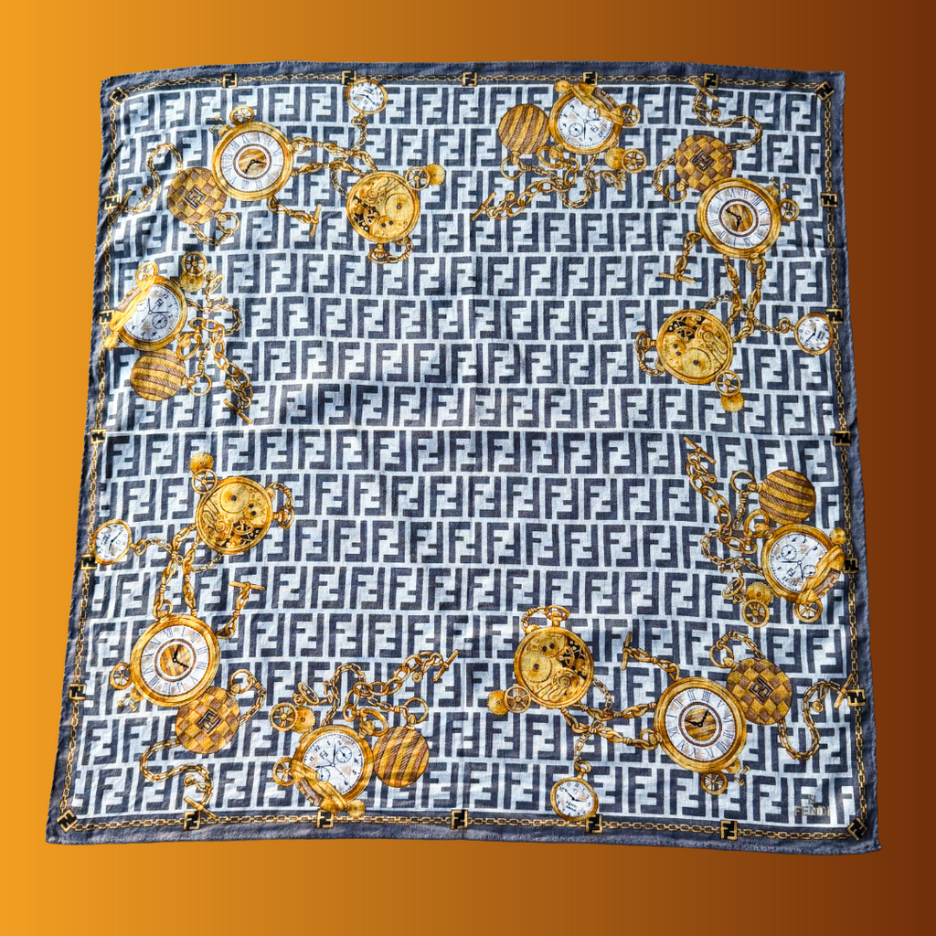 Fendi FF Zucca Chains & Clockwork Scarf — vintage Fendi scarf in white, gold, grey