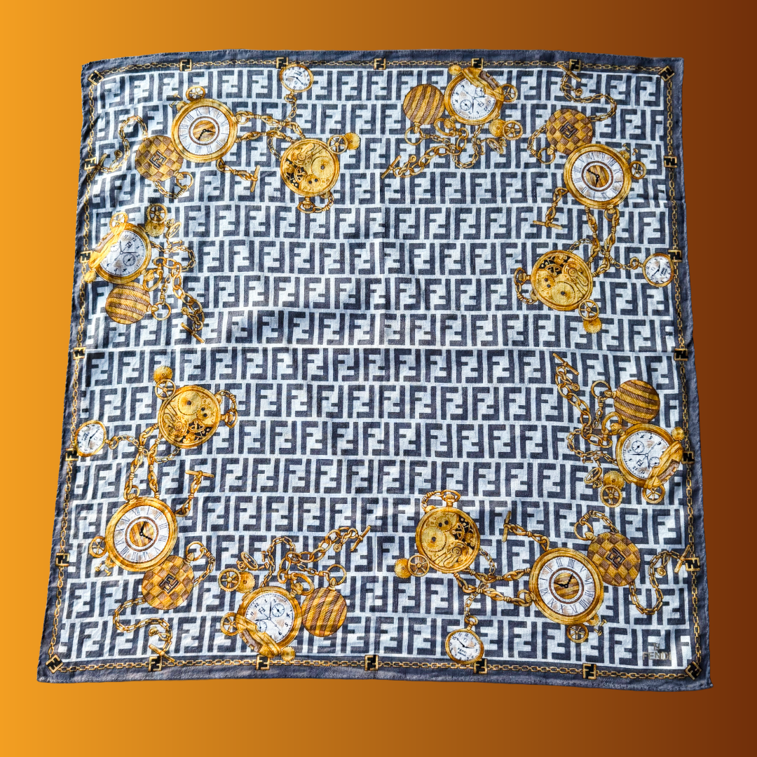 Fendi FF Zucca Chains & Clockwork Scarf — vintage Fendi scarf in white, gold, grey
