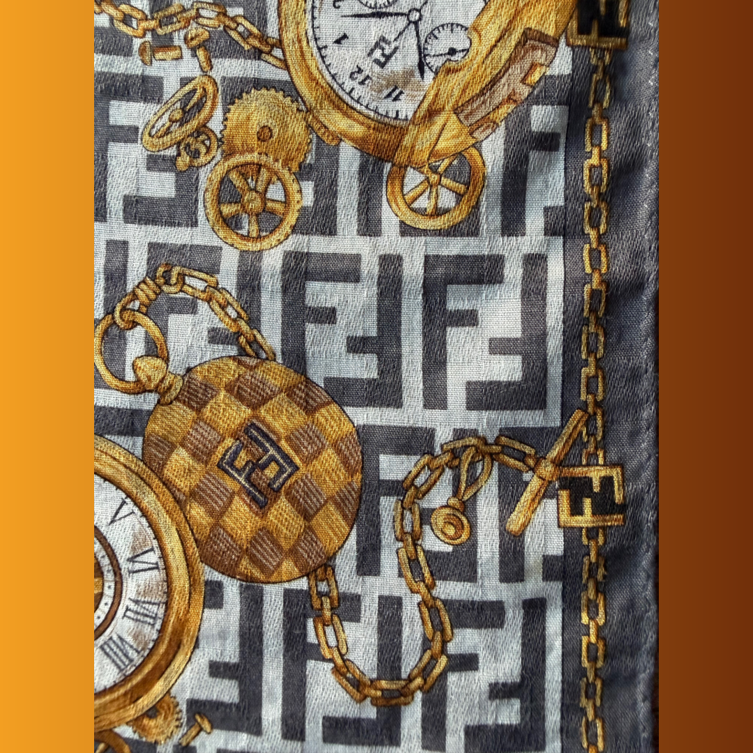 Fendi FF Zucca Chains & Clockwork Scarf — vintage Fendi scarf in white, gold, grey
