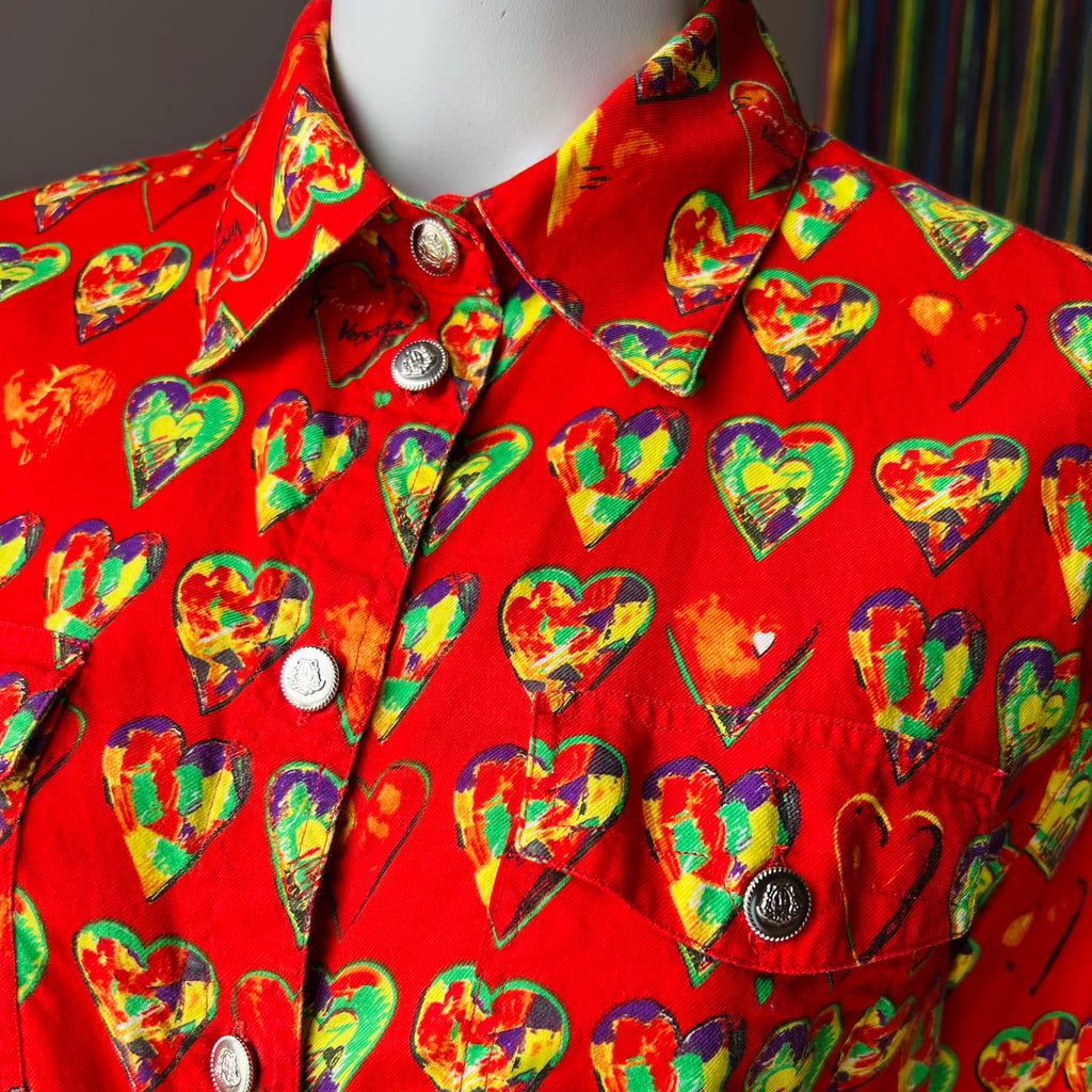 Gianni Versace Jim Dine Hearts Print Button Up Shirt — vintage Versace top in red, silver