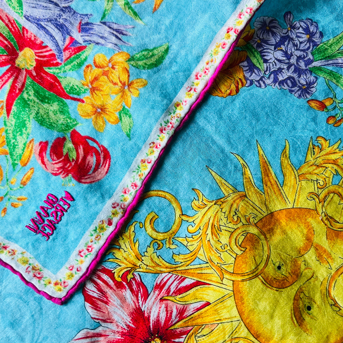 Gianni Versace 90s Tropical Baroque Sun Scarf — vintage 1990s Versace scarf in pink