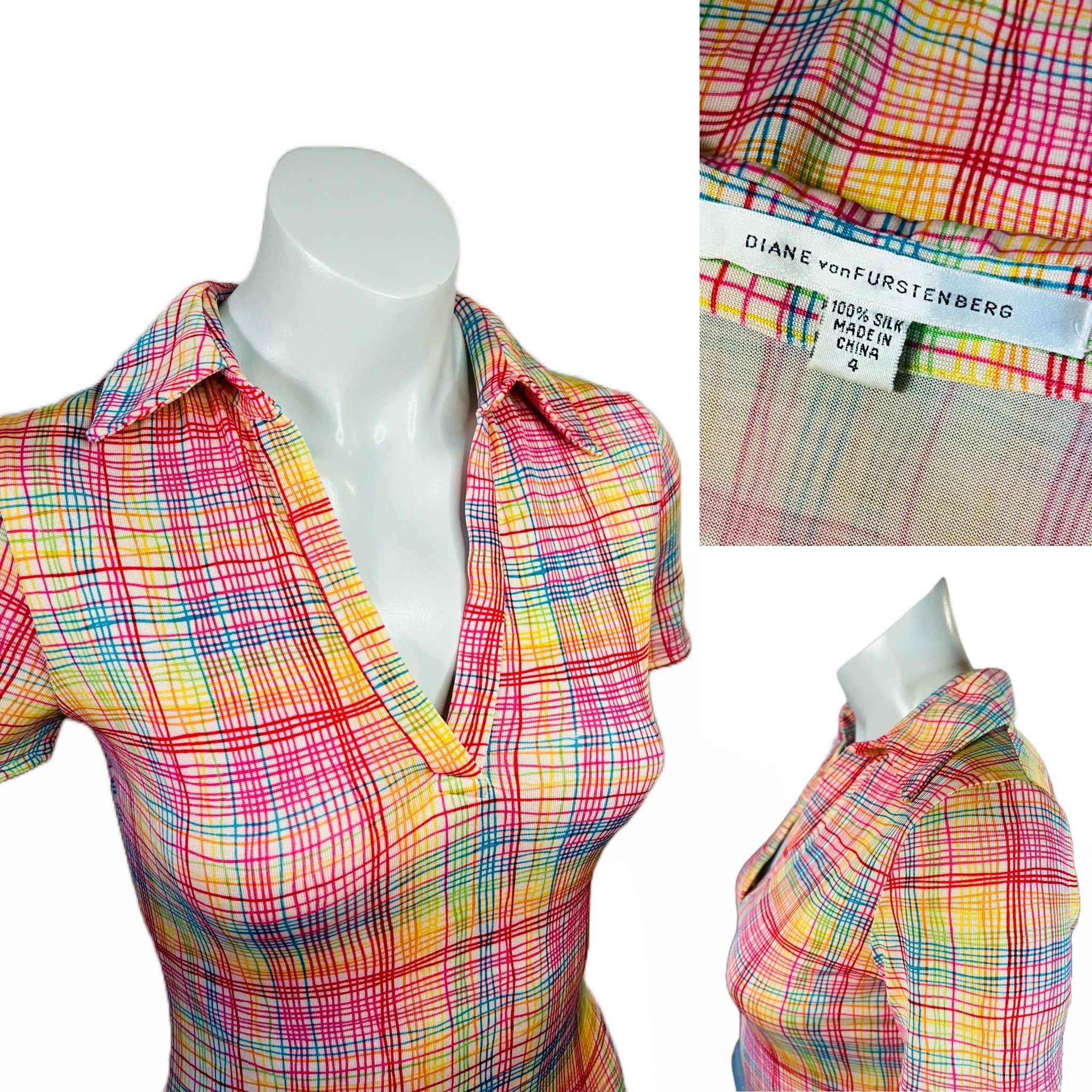 Diane Von Furstenberg Rainbow Silk Collared Dress — vintage Diane Von Furstenberg dress in multicolour