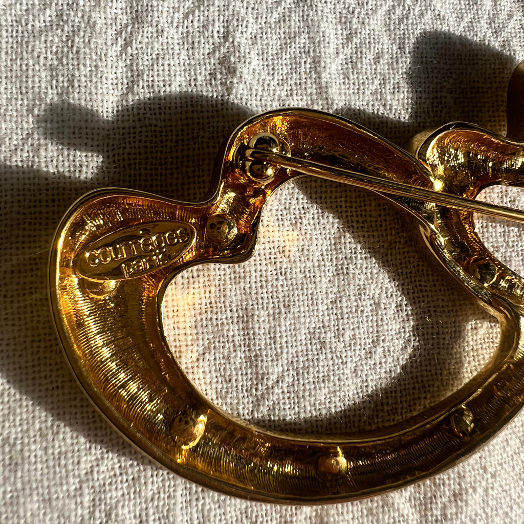 Courrèges Triple Heart Crystal Gold Brooch — vintage Courrèges jewellery in gold