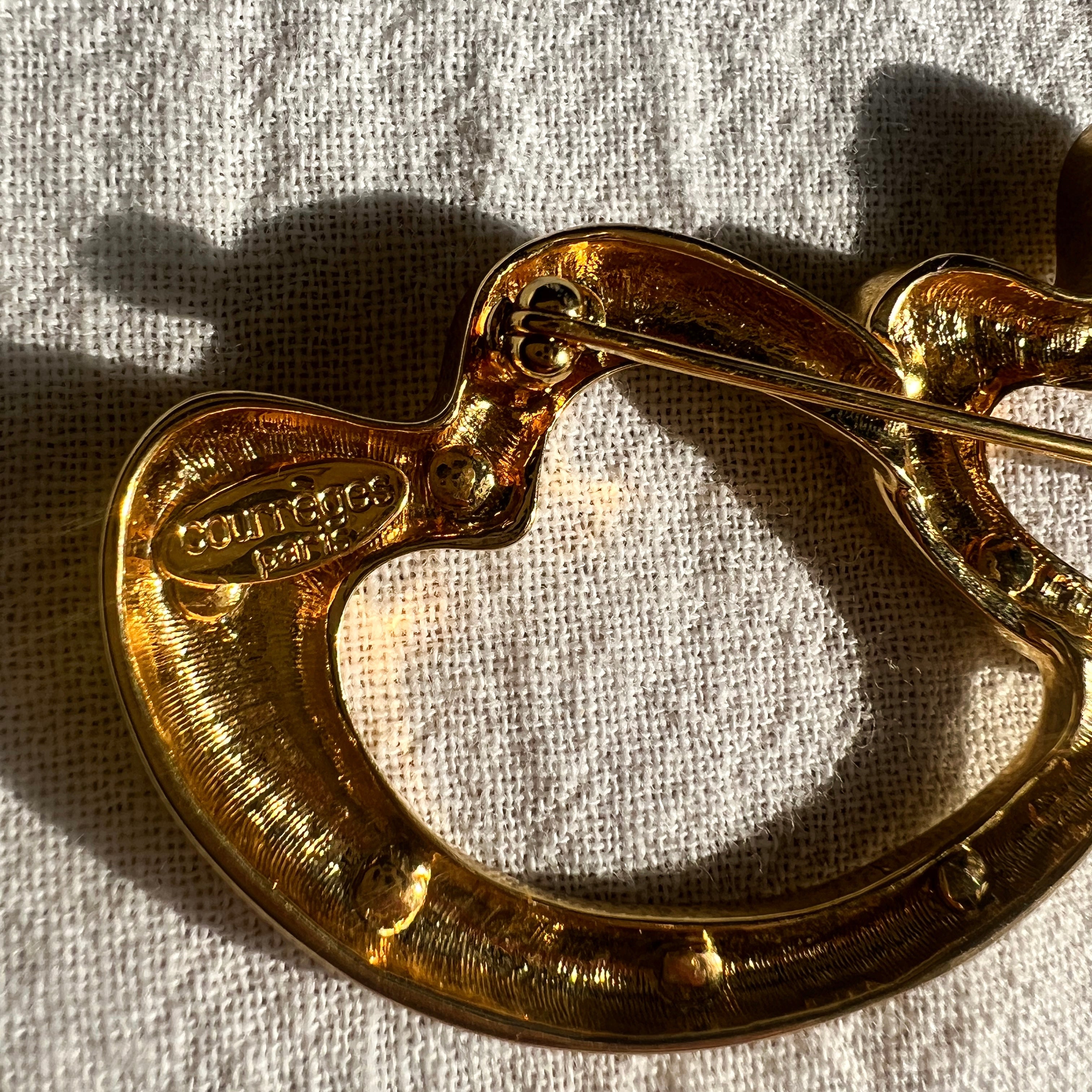 Courrèges Triple Heart Crystal Gold Brooch — vintage Courrèges jewellery in gold