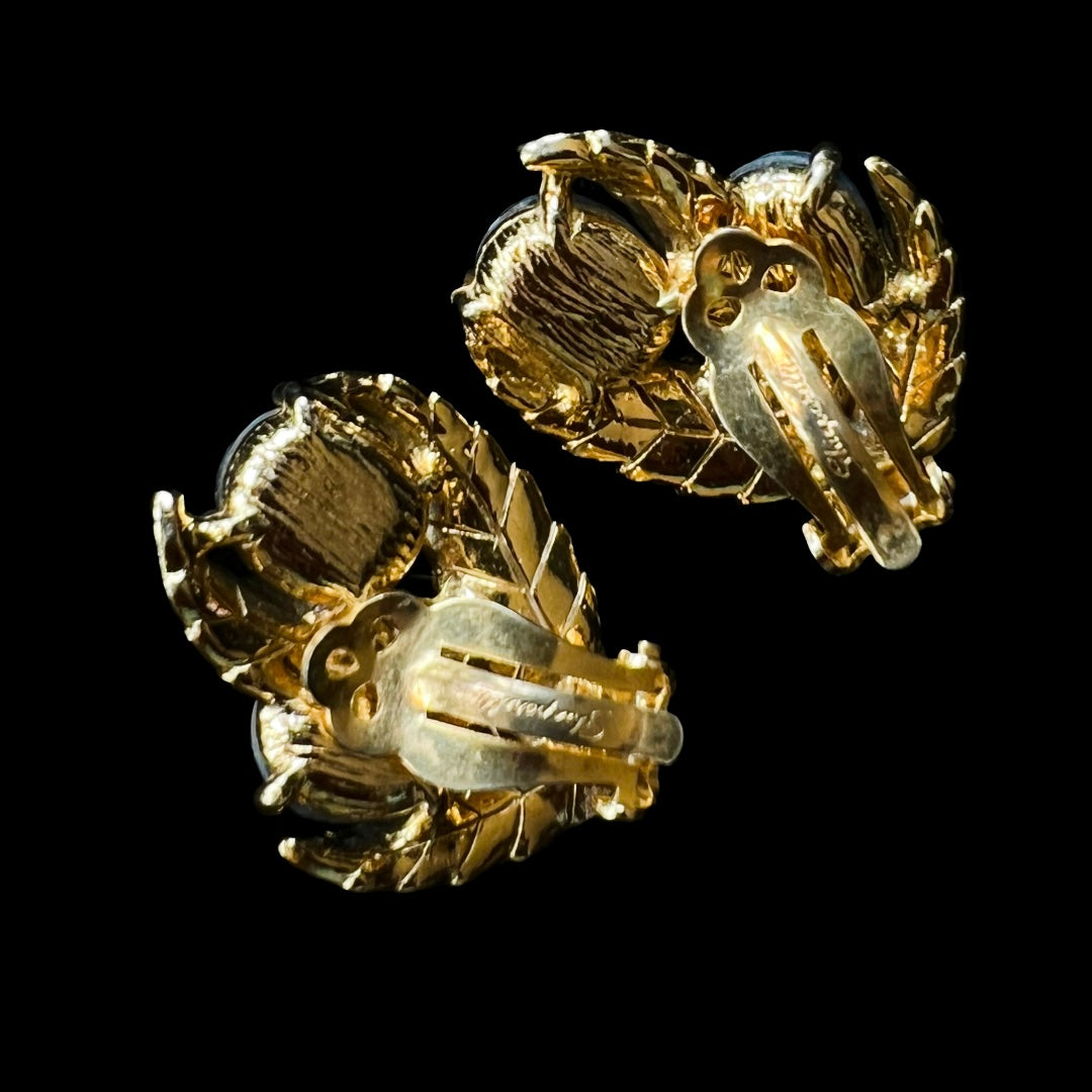 Schiaparelli Gold & Blue Foiled Glass Clip On Earrings — vintage Schiaparelli jewellery in gold, blue