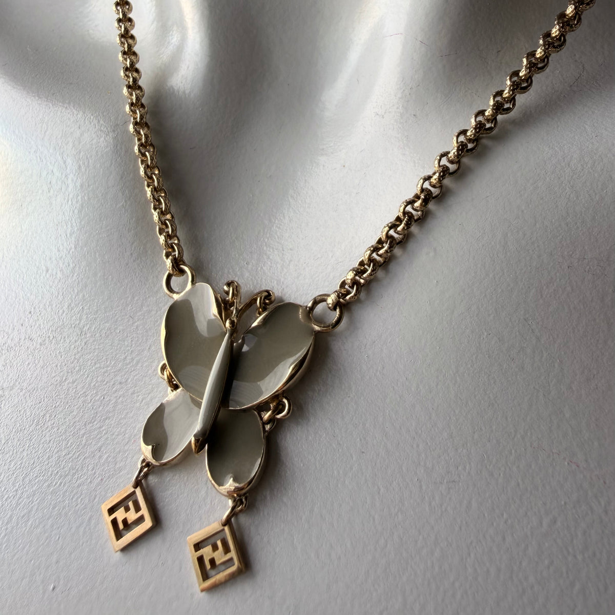 Fendi Articulated Butterfly FF Chain Necklace — vintage Fendi jewellery in gold, green