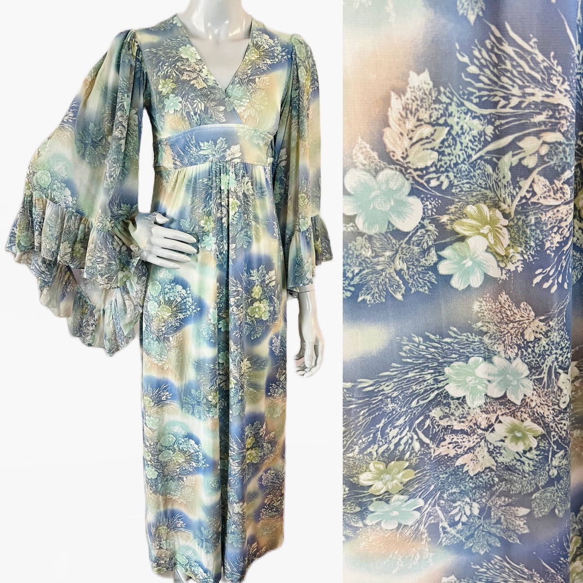 Angel Sleeve 1970s Ethereal Romance Maxi Dress — vintage 1970s dress