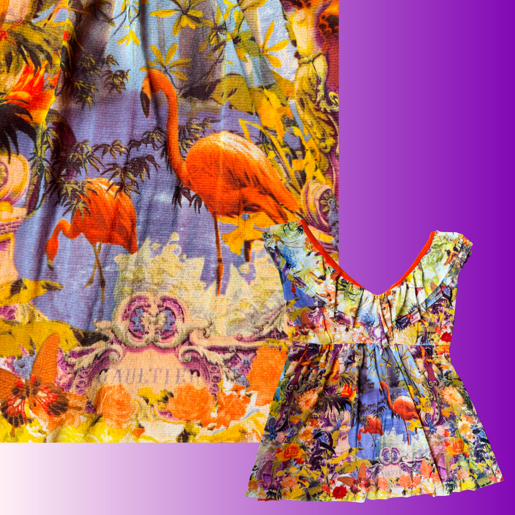 Jean Paul Gaultier Soleil Vintage Mesh Flamingo Ruffle Top — vintage Jean Paul Gaultier top in orange