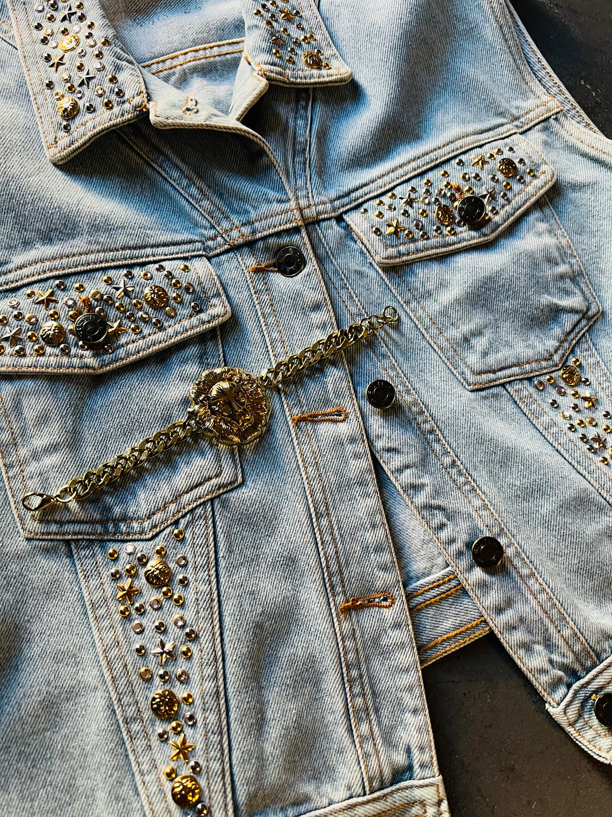 Denim studded vest & chunky lion bracelet — vintage jewellery in blue