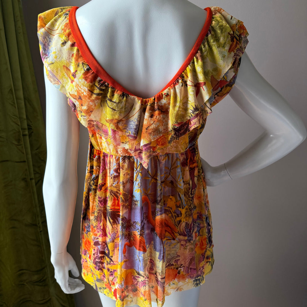 Jean Paul Gaultier Soleil Vintage Mesh Flamingo Ruffle Top — vintage Jean Paul Gaultier top in orange
