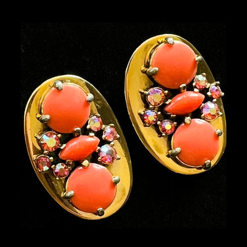 Schiaparelli Coral Gold Aurora Borealis Clip On Earrings — vintage 1950s Schiaparelli jewellery in orange, gold