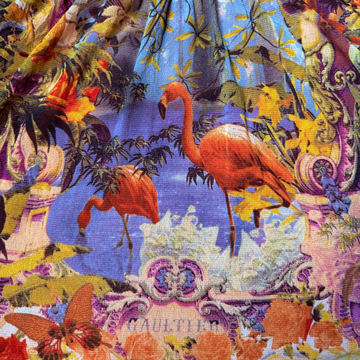 Jean Paul Gaultier Soleil Vintage Mesh Flamingo Ruffle Top — vintage Jean Paul Gaultier top in orange