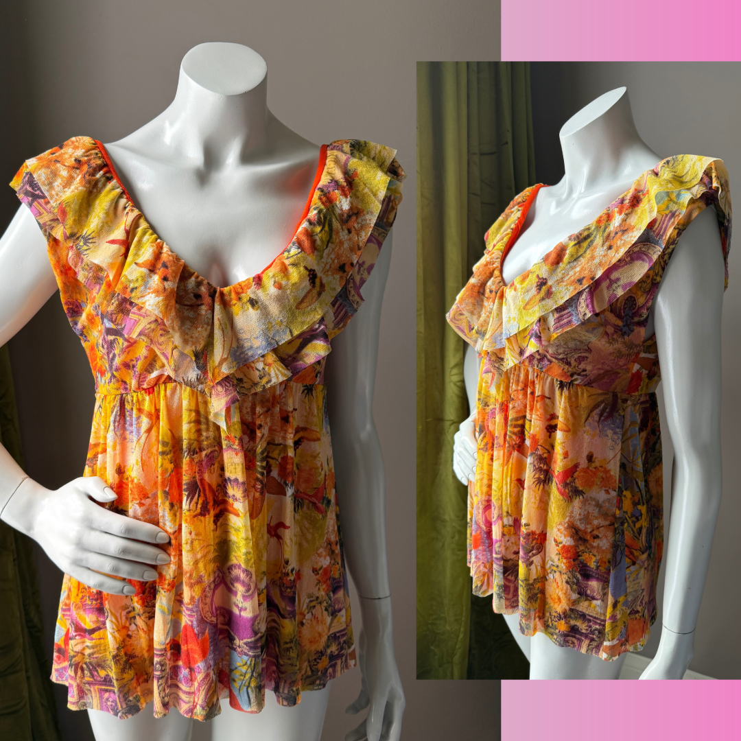 Jean Paul Gaultier Soleil Vintage Mesh Flamingo Ruffle Top — vintage Jean Paul Gaultier top in orange