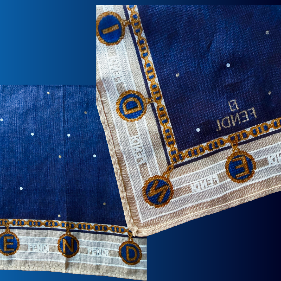 Fendi Gold and Blue Polka Dot Sheer Scarf — vintage Fendi scarf in gold, blue