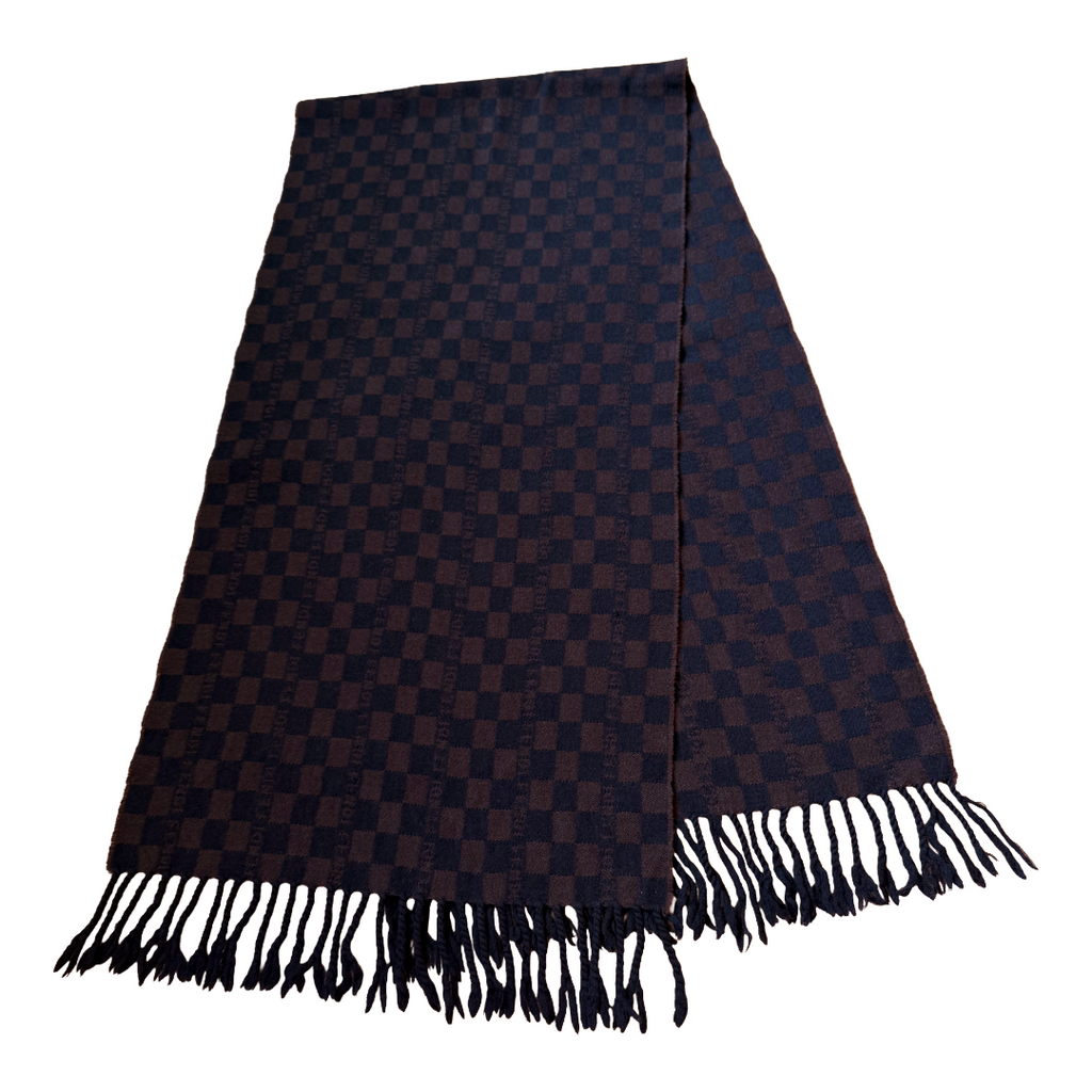Fendi Checkered Black & Brown Wool Fringe Scarf — vintage Fendi scarf in black, brown