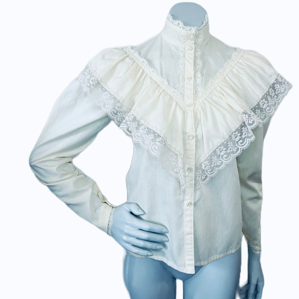 Gunne Sax Creme Victoriana Lace + Cotton Blouse — vintage 1970s Gunne Sax top