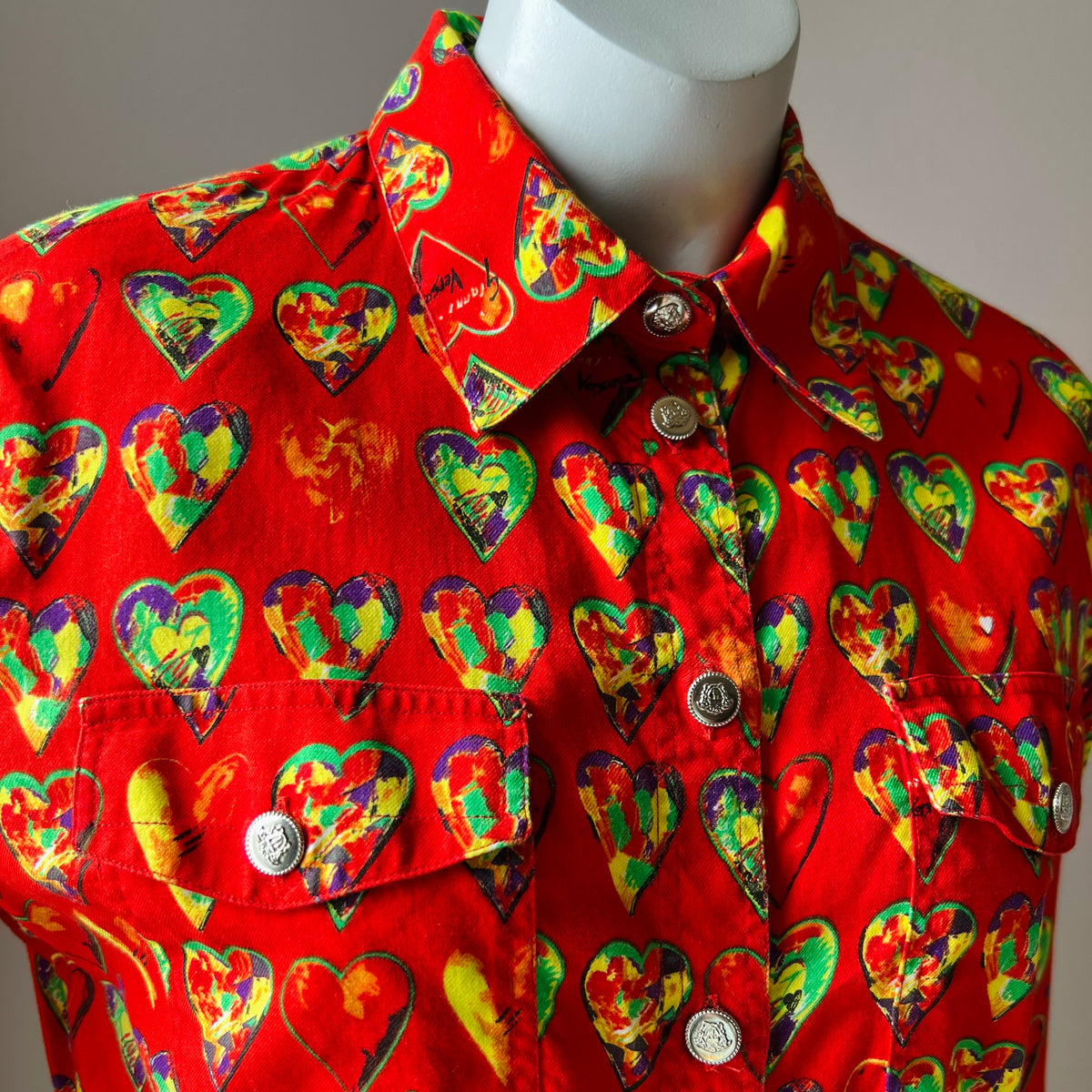Gianni Versace Jim Dine Hearts Print Button Up Shirt — vintage Versace top in red, silver