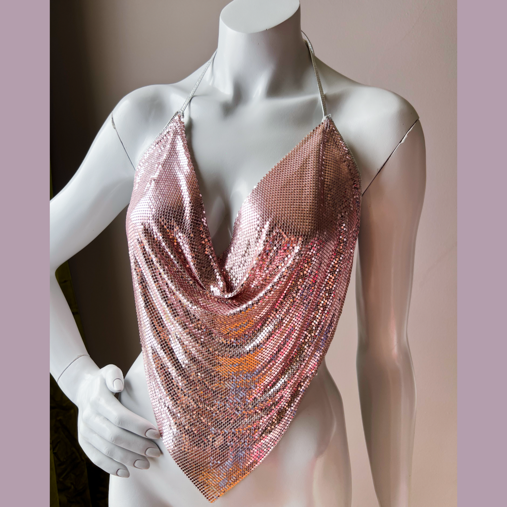 Ferrara Mesh Blush Pink w Silver Leather Halter Top — vintage Ferrara top in pink, silver