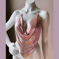 Ferrara Mesh Blush Pink w Silver Leather Halter Top — vintage Ferrara top in pink, silver