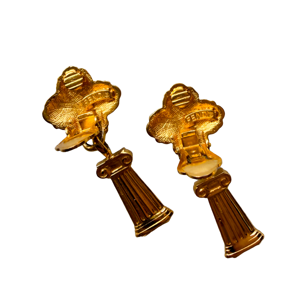 Fendi Column Drop Gold Plated Clip Earrings — vintage Fendi jewellery in gold