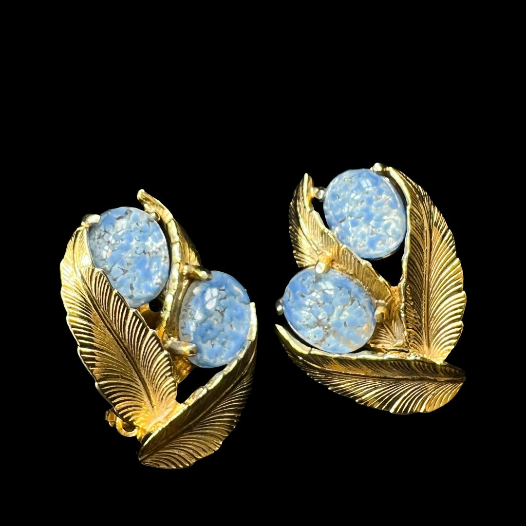 Schiaparelli Gold & Blue Foiled Glass Clip On Earrings — vintage Schiaparelli jewellery in gold, blue