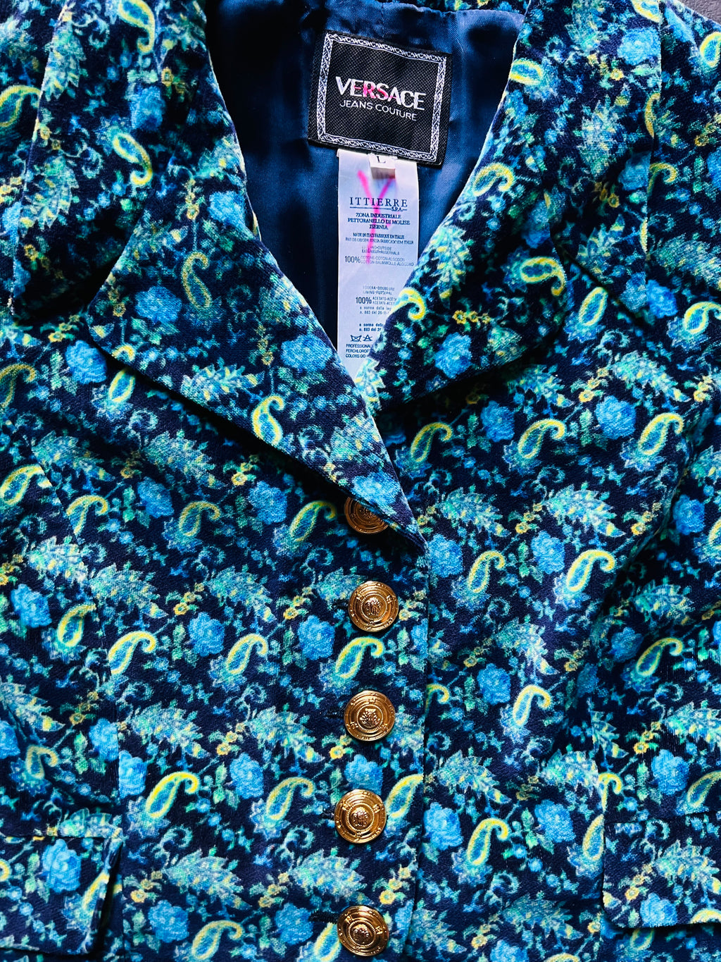 Versace JC 90s Blue & Green Cotton Velvet Top — vintage 1990s Versace top in green, blue