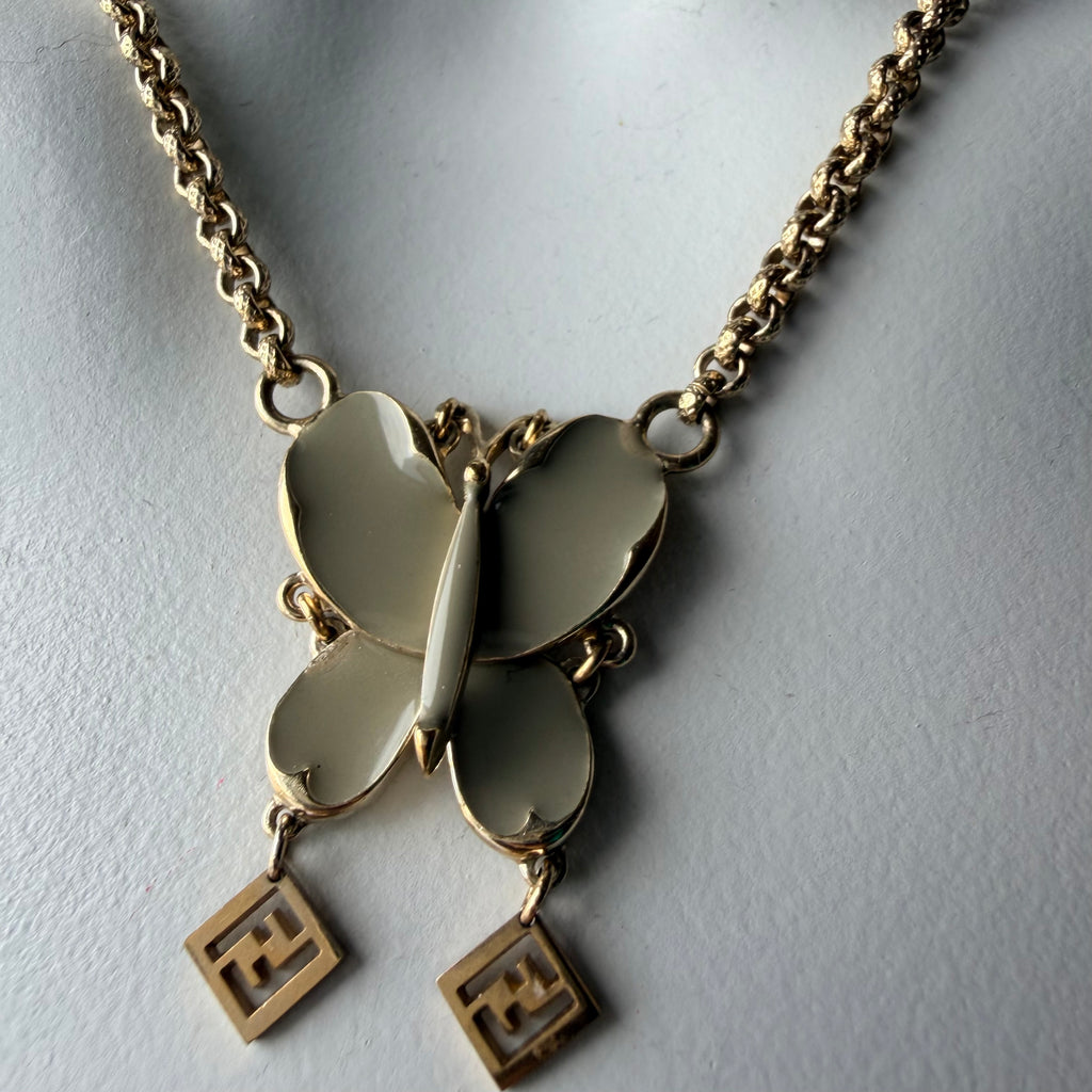 Fendi Articulated Butterfly FF Chain Necklace — vintage Fendi jewellery in gold, green