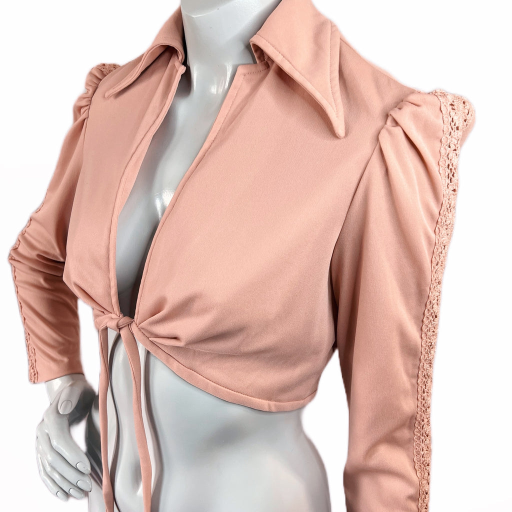 Joseph Magnin 1970s Crop Top with Crochet Sleeve Detailing — vintage 1970s Joseph Magnin top in pink