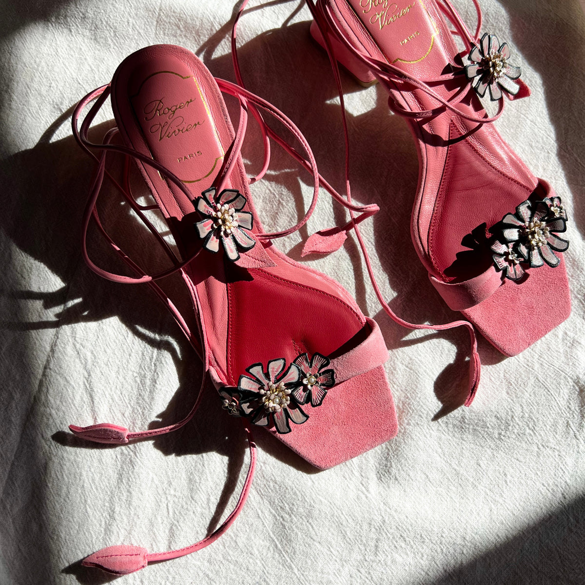 Roger Vivier Contemporary Hand Painted Block Heel Pink Suede Shoes — vintage Roger Vivier shoes in pink
