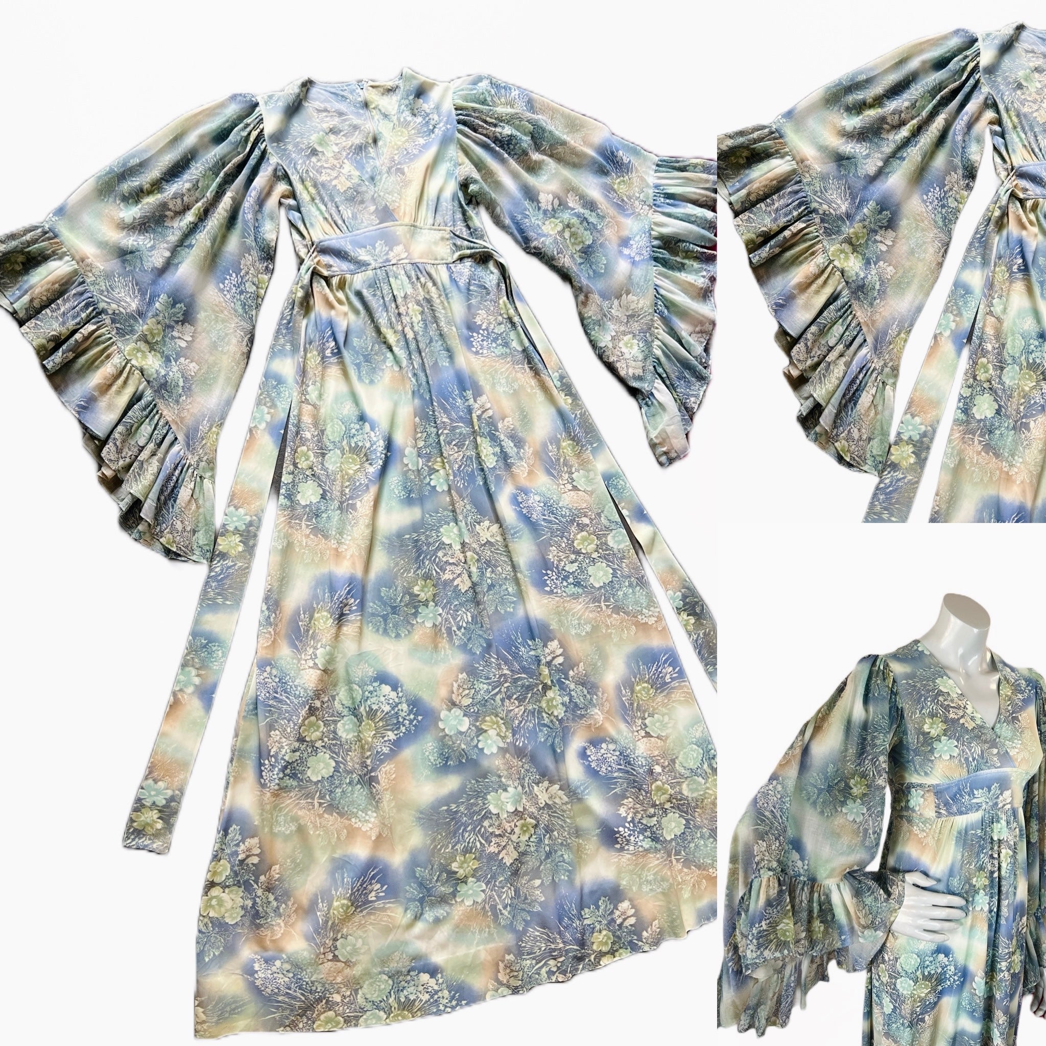 Angel Sleeve 1970s Ethereal Romance Maxi Dress — vintage 1970s dress