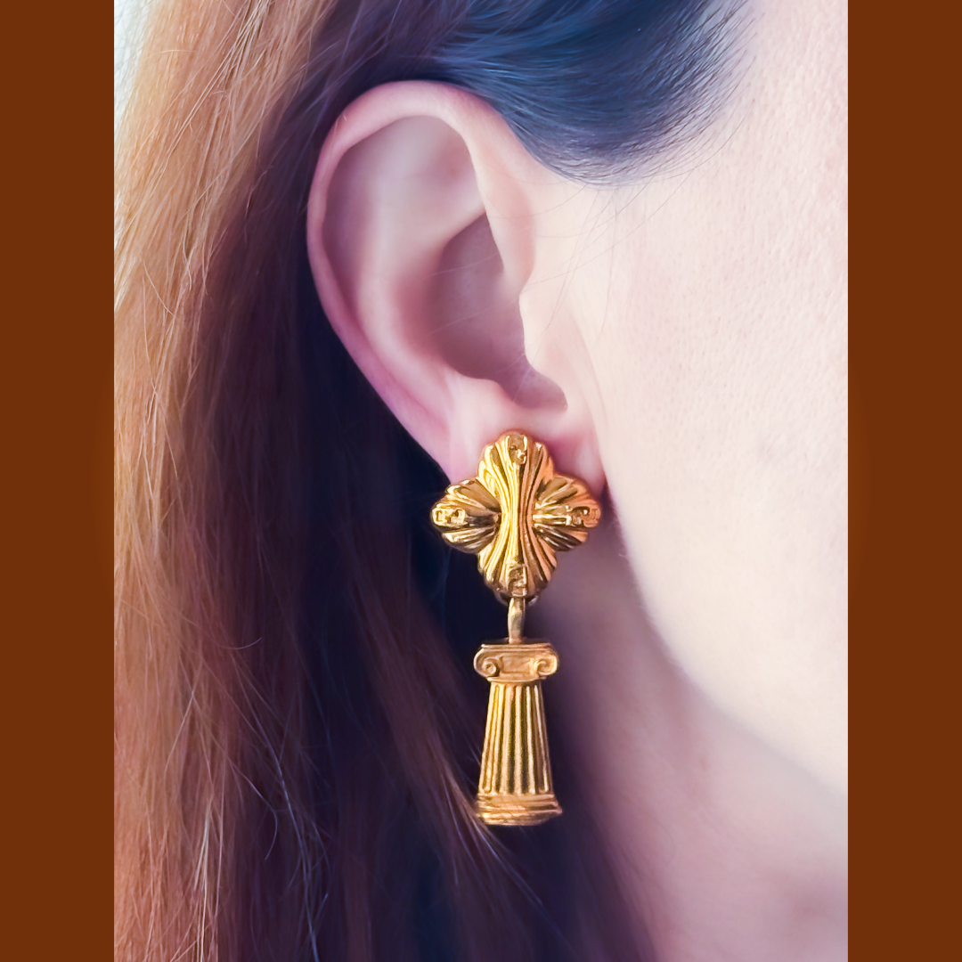 Fendi Column Drop Gold Plated Clip Earrings — vintage Fendi jewellery in gold