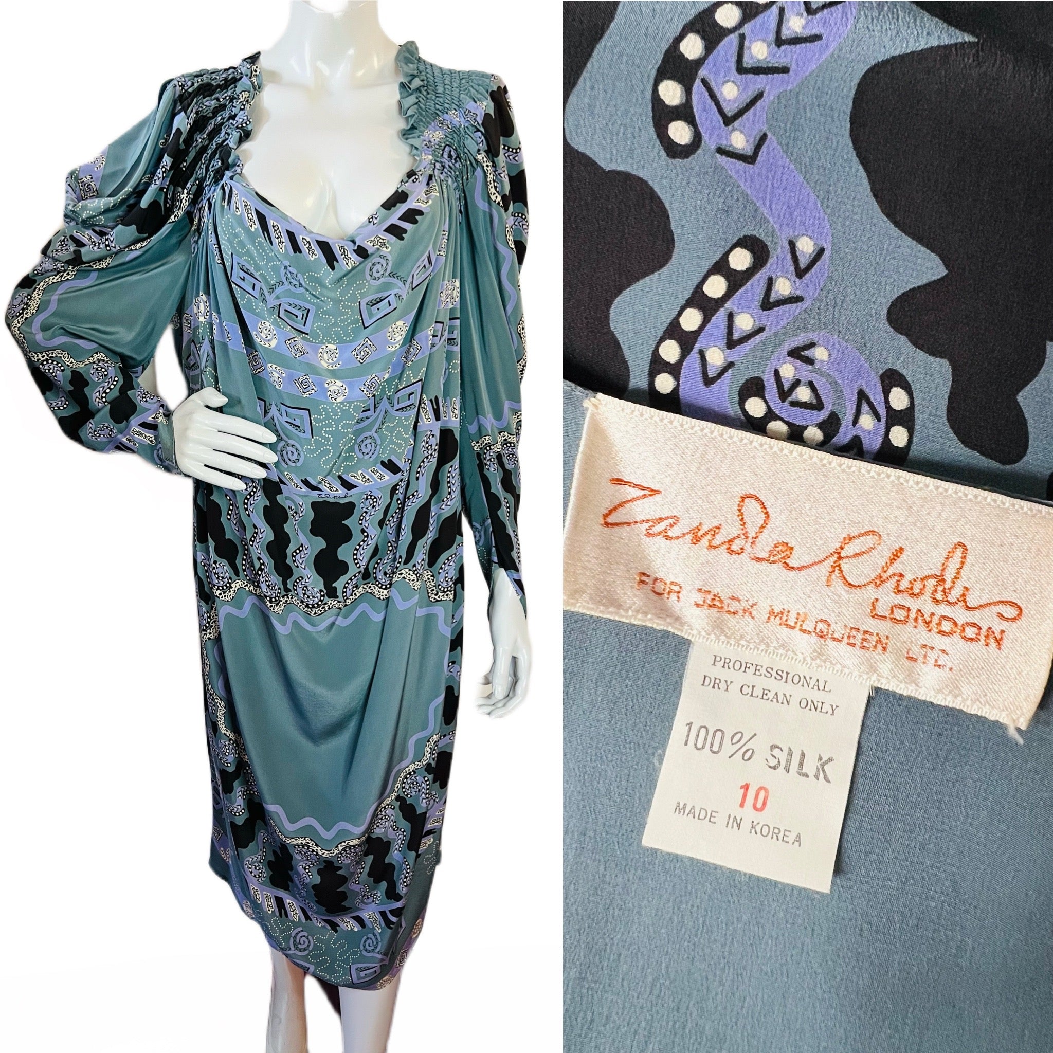 Zandra Rhodes London Blue Silk Dress — vintage Zandra Rhodes dress in blue